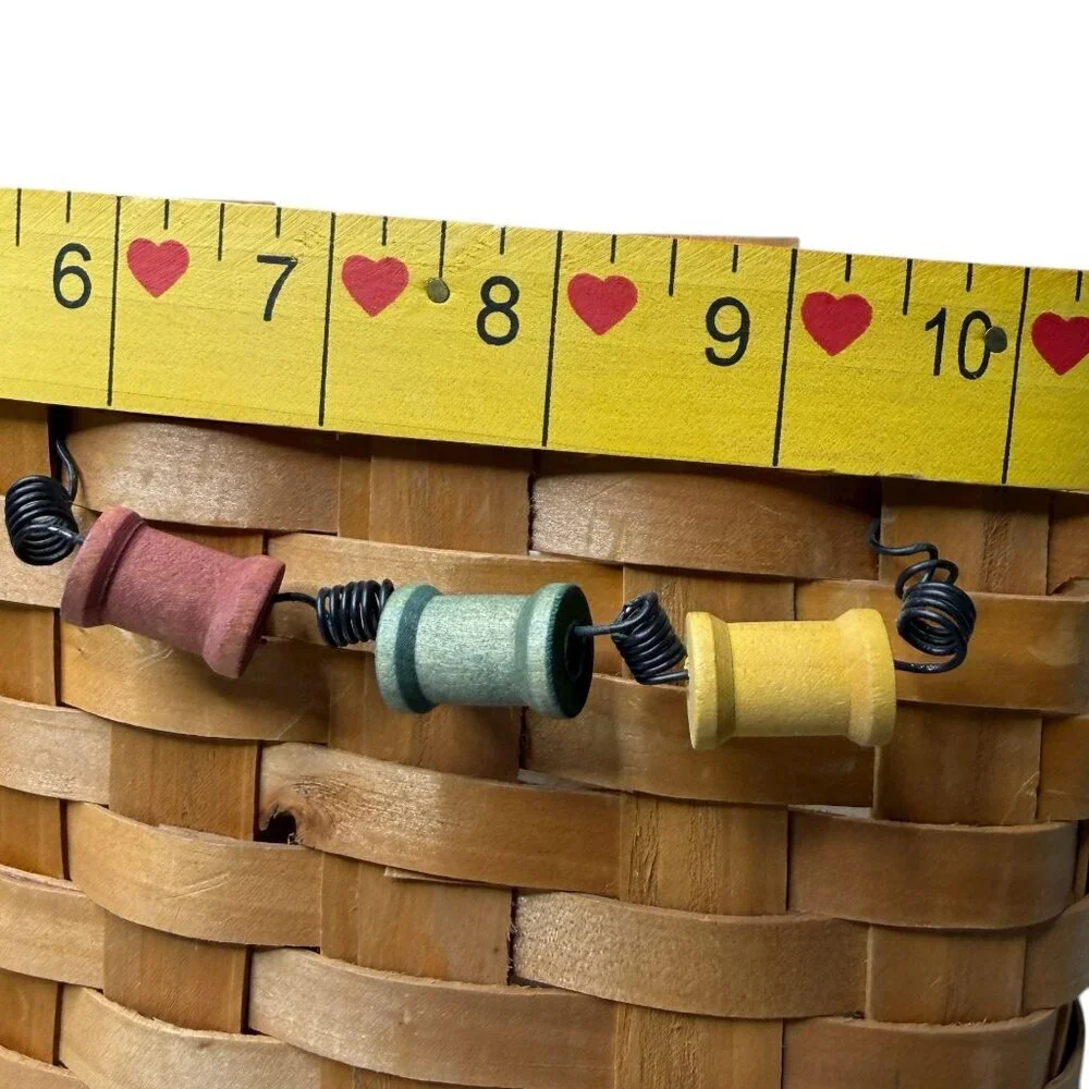 Vintage Primitive Wooden Sewing Basket Woven Wood Slat Ruler Spools Buttons